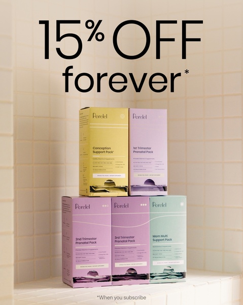 A clean, minimalist product shot featuring a stack of five prenatal support packs in a spa-like tiled environment, highlighting a subscription discount.